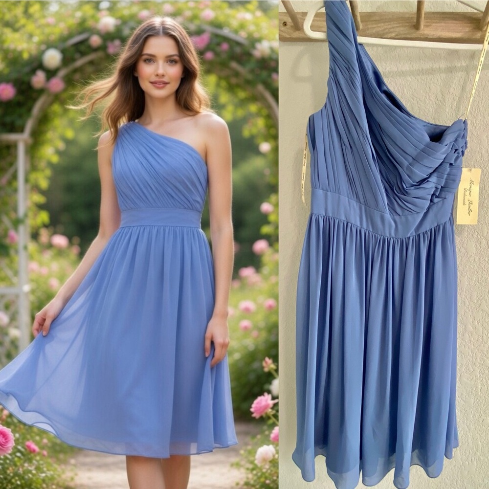NWT $275 Monique Lhuillier Bliss Blue One Shoulder Wedding Prom Bridesmaid Dress